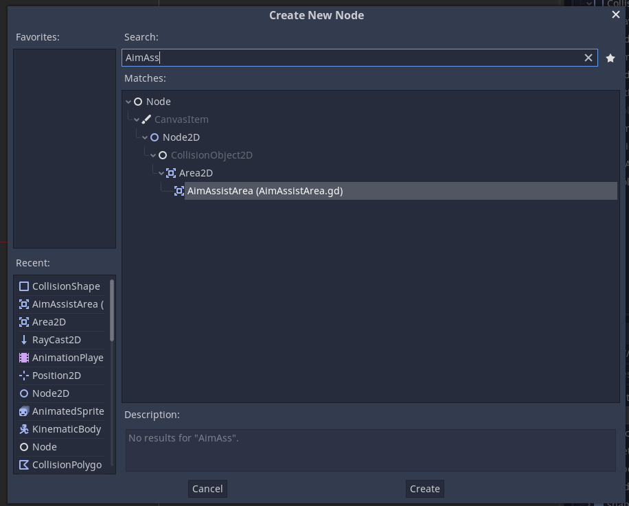 Create new node dialog with AimAssistArea selected