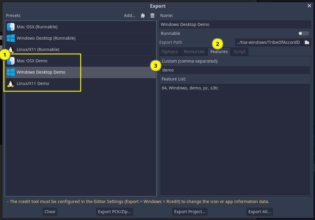 Configuring feature tags in Export screen on Godot