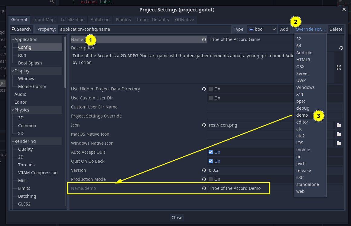 Image of steps needed to add a Project Setting override for any feature tag