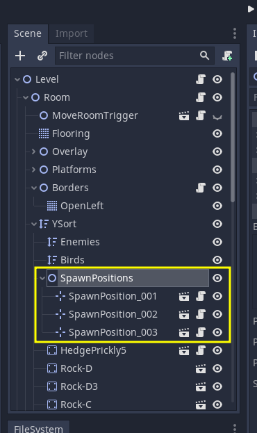Image with and example of the necessary hierarchy for SpawnPositions inside a Level