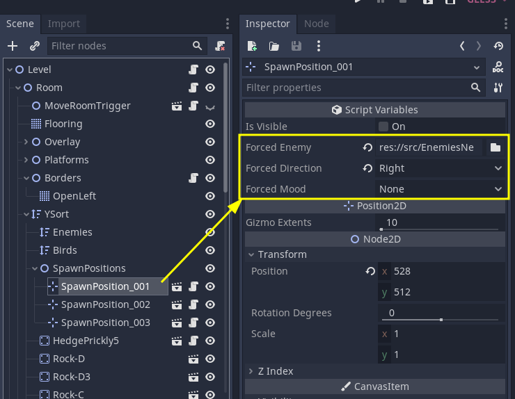 Image with an example of SpawnPosition's inspector with the forced monster property filled up with a monster scene