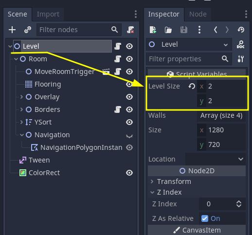 Inspector for Level node, highlighting the "Level Size" property