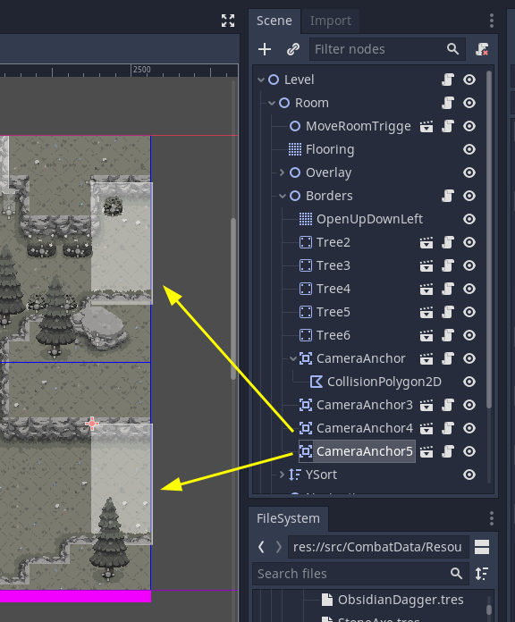 Showing examples of CameraAnchors set up in a level