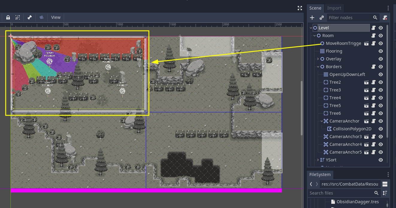 Image of 2x2 test level zoomed out and MoveLevelTriggers only covering the first quadrant